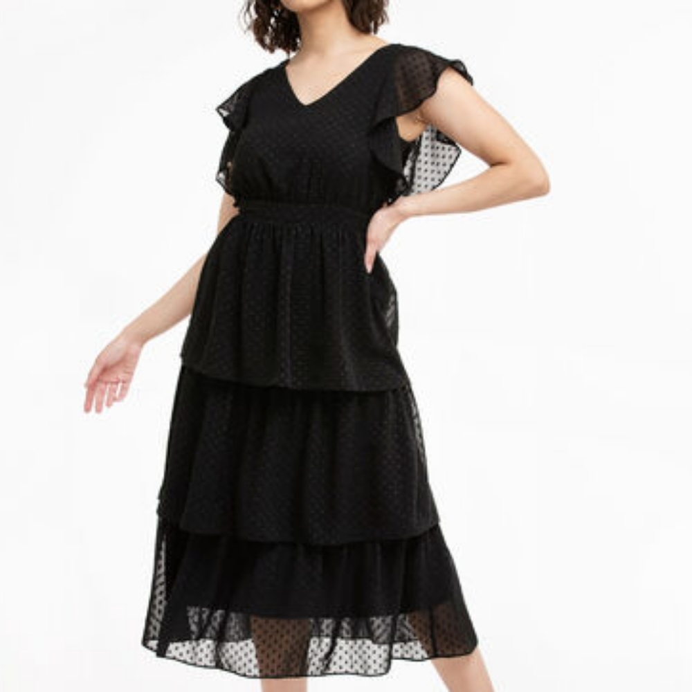 NWT Rickis Black Tiered Flutter Sleeve Midi/Maxi Dress